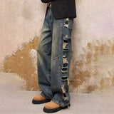 Spring Men's Ripped Wide-leg Distressed Jeans New Hip Hop Skateboard Denim Pants Y2K Vintage Streetwear Jean Trousers