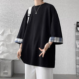 men t shirts Summer Men's T-shirts Women Oversized 2XL Korean Style Loose Plaid T-shirt Casual Seven sleeves T-Shirt Male White