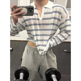 New Japanese Striped Male Polo Shirt Trendy Loose V Neck Knitted Long Sleeve T-shirt Casual Lazy Sports Fitness Basic Tops M-3XL