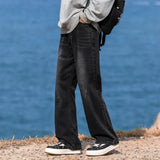 Men Straight Leg Jeans Washed Vintage Retro Patchwork Design Denim Pants Streetwear Classic Comfort Fit Distressed Style