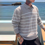 American Chic Striped Men Polo Sweater Luxury Trendy Business V Neck Knit Solid Color Pullover Leisure Slim Long Sleeve Knitwear