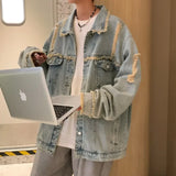 Men's Ripped Denim Jacket Autumn American Retro Washed Hip Hop Streetwear Cool Trendy Loose Casual Jacket Button Up Jeans Coat