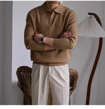 Men's American Retro Polo Sweater Luxury Trendy Business V Neck Knit Solid Color Pullover Leisure Slim-fit Long Sleeve Knitwear