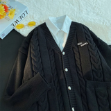 Letter Twists Cardigan Sweater Men New Preppy Grunge Cityboy Knit Jacket Japan Couple Casual V-neck Sweater Coat