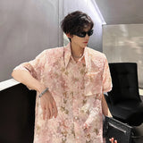Pink Butterfly Tassel Shirt Men Front Pocket Summer Loose Casual Floral Short Sleeve Shirts Oversize Streetwear Boy Girl Blouses