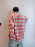 Plaid Shirts Men Autumn Chic Baggy Contrast Color Raw Edge Long Sleeve Japanese Style Handsome Youthful Popular Males Clothing