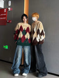 Autumn and winter men and women street personalized design spliced round neck sweater for couples loose retro knitted casual top