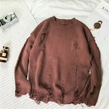 Man Clothes Pullovers Torn Crewneck Knitted Sweaters for Men Plain with Holes Solid Color Round Collar Cheap Casual A Cigaret S