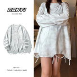 Men Women Tie-dye Long-sleeved T-shirt American O-neck Streetwear Spring Summer Hip-hop Hole Casual Loose Tops Black/White