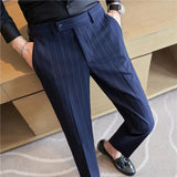 Men's Striped Suit Pants Elastic Autumn New Social Casual Trousers Slim Fit Suit Pants Business Office Wedding Men Clothing
