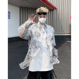 Fashion Hollow out Printed Shirt Men Long Sleeve Transparent Casual Loose Tops Streetwear Lapel Tops Sun-proof Clothing