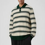 New American Trendy Men Polo Neck Sweater Light Luxury Striped Knit Long Sleeve Pullover Tops High Quality Loose Knitwear M-3XL