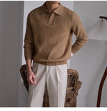 Men's American Retro Polo Sweater Luxury Trendy Business V Neck Knit Solid Color Pullover Leisure Slim-fit Long Sleeve Knitwear