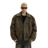 Men's Leather Jacket American style Retro Brown Make old Coat High Street fashion Casual Baggy Polo collar Jacket for men