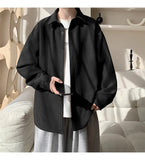 White Long Sleeved Shirt Men Fashion Black Casual Shirt Men Streetwear Korean Loose Pleated Shirt Mens Ice Silk Shirts M-3XL