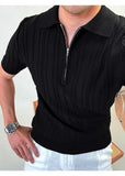 Zipper Knitted Short-sleeved Polo Shirt Men Summer American Retro Commuting Loose Vertical Striped Pit Strip Lapel T-shirt Men