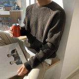 Mens Autumn Winter Korean Style Loose Round Neck Knitted Sweater Gender-Neutral Trendy Casual Solid Color Simple Sweater Unisex