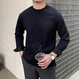 New Autumn Fashion Men T-shirt Light Luxury Solid Color Long Sleeve Tops Leisure Streetwear Casual O Neck Basic Shirts M-3XL