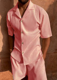 Spring/Summer suit Solid color corduroy shorts sleeve shirt and shorts stretch beach casual suit
