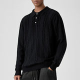 New Men American Retro Polo Neck Sweater Luxury Knit Long Sleeve Pullover Casual Solid Color Streetwear Jacquard Knitwear M-3XL