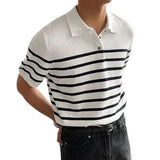 Fashion Striped Mens Knit Polo Shirts Slim Fit Short Sleeve Buttoned Lapel Knitted Polos T Shirt For Men Summer Casual Knitwear