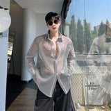 Transparent Mesh Shirt Hollow Out Jacket Personality Breathable Youth Fashion Long Sleeve Tops Men Lapel Party Clubwear