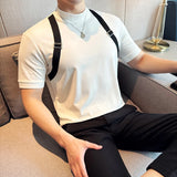 Fashion Patchwork Webbing Tops Tees Mens Contrast Color Thin T Shirt Summer Short Sleeve Muscle Tshirt Male Slim Fit T Shirt
