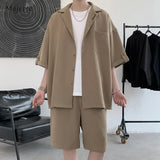 Men's Sets Summer Handsome Notched Collar Half Length Sleeve Shirts Knee  Solid Elastic Waist Shorts Korean Style Fashion