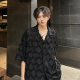 Men Loose Short Sleeve Shirt Small Suit Collar Diamond Frayed Edges Unique Design Casual Trendy Mens Fashion Boho Chic Style