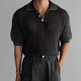 Streetwear Fashion Knit Mesh Polo Shirts For Men Summer Short Sleeve Button Hollow Out Mesh Tops Mens Stylish Short Sleeve Polos