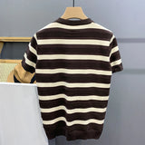 Summer Men's Clothing Leisure Light Luxury Knit O Neck T Shirt Korean Striped Short Sleeve Retro Breathable Fashion Knitwear