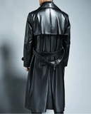 Spring Autumn Long Cool Waterproof Black Pu Leather Trench Coat Men Double Breasted Plus Size Outerwear 4xl 5xl