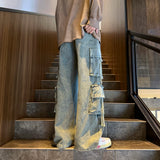 Multi-pockets Ribbons Jeans Men Wide Leg Denim Pants Straight Baggy Men's Cowboy Hip Hop Streetwear Neutral Mopping Trousers