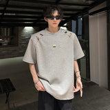 Holes Design Men's Tees O-neck Solid Color Korean Style Short Sleeved Simple Tops Shoulder Pads Male T-shirts Summer 9W3349