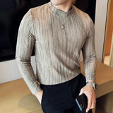 Cotton Striped T Shirt Gradient Mock Neck Men Slim Fit Tshirt Male Office Business T shirts Man Casual Long Sleeve Top Tees