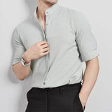 New Men Fashion Seersucker Shirts Half Sleeve Stand Collar Casual Drapped Solid Color Button-down Cardigan Business Style Tops