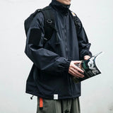 Japanese Retro Loose Stand-up Collar Functional Cargo Teach Jacket Men's Casual Waterproof Double Zipper Jacket Tactical Outwear