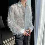 Off White Long Sleeved Shirt Men Fashion Society Mens Dress Shirt Korean Loose Hollow Out Shirt Mens Blue Casual Shirt M-2XL