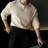 New Korean Fashion Men T-shirt Luxury Knitted Solid Color O Neck Long Sleeve Tees Casual Premium Quality Textured Knitwear M-3XL