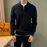 Autumn Casual Men Polo Sweater Light Luxury Zip-up Solid Color Long Sleeve Knitted Pullover Daily Commuting Basic Knitwear M-3XL