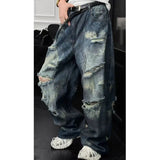 Mens Loose Fit Straight Leg Jeans Dark Blue Ripped Distressed Trendy Streetwear Fashion Casual Urban Denim Pants Hip Hop Style