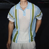 Vintage Striped Patchwork Knitting Polo Shirts For Men Summer Trendy Loose Hollow Out Polos Mens Tops Knit Short Sleeve T Shirt