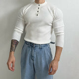 Autumn Clothing Men's Knit Henry Collar Pullover Sweater Luxury Vintage Button-down Long Sleeve Casual Streetwear Basic Shirts