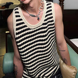 Men Vest Black White Contrast Striped Knitted Tank Top Spring Summer Streetwear Fashion Youth Campus Top Men'S Clothing New