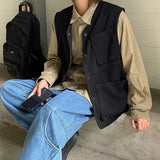 Men Vests Japanese Safari Style Stylish Chic Baggy Outer Techwear Retro Multi Pockets Daily Simple All-match Cozy Sleeveless