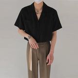 New Trend Men Cardigan Tops Textured Suit Collar Short Sleeve Shirts Leisure Jacquard Shirts for Man Luxury Style Premium Blouse