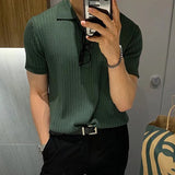 Men's Clothing Luxury Knitted Polo Shirt Casual Striped Button Down Solid Color Short Sleeve Tees Breathable New Knitwear