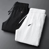Spring Summer New Fashion Suit Men Long Sleeve Casual Shirts And Pant Seersucker Striped Pleats Slim Handsome Two-piece Set