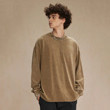 Spring New Trendy Batik Wash Long Sleeve T-shirt Men's Wear Round Collar Pullover Couple Top Vintage Tees Solid Color