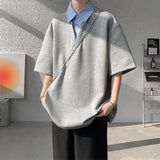 Summer Short Sleeved T-shirt Men Fashion Gray Black Casual T Shirt Men Streetwear Korean Loose Lapel T Shirt Mens Top M-3XL